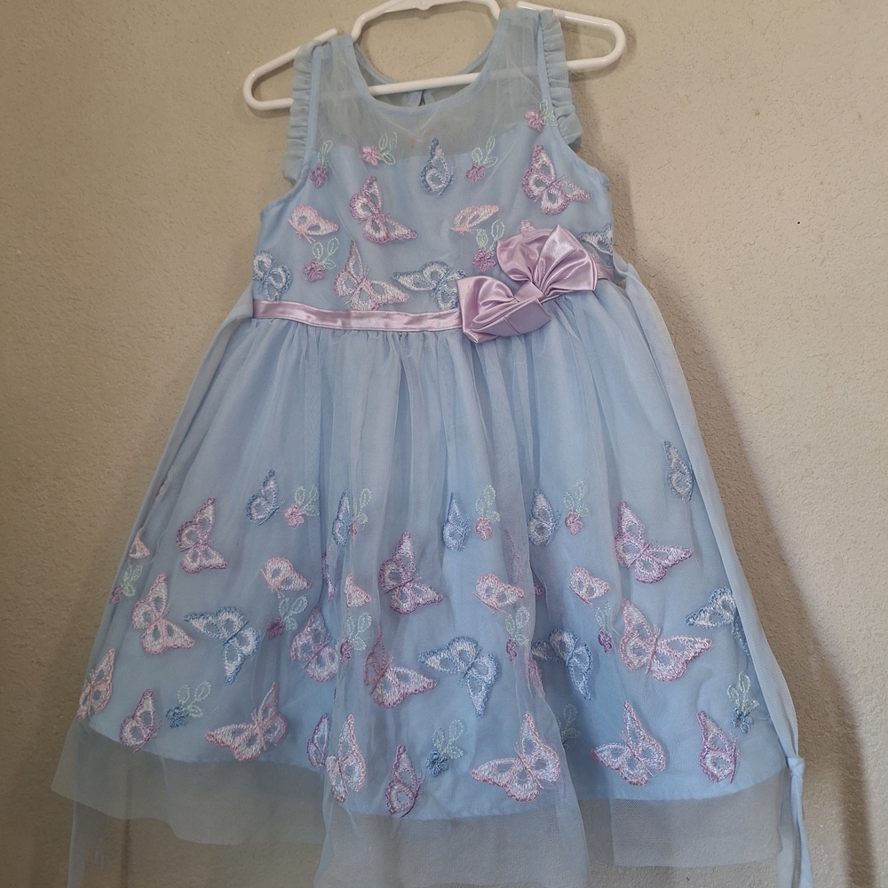 Jona Michelle Light Blue Tulle Dress with Pink Bow & Butterfly Embroidery